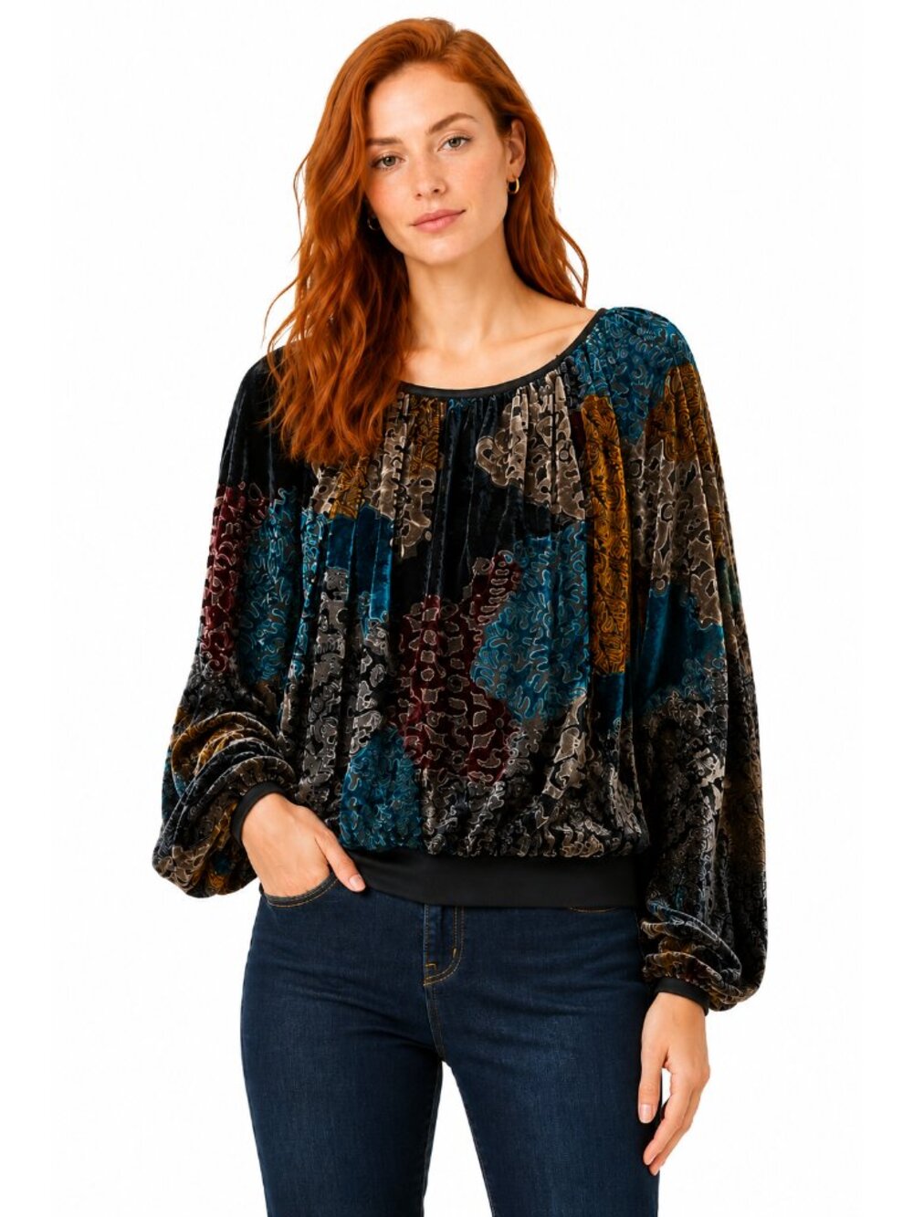 UNYX Vintage Velvet Long Sleeve Boho Top, size M
